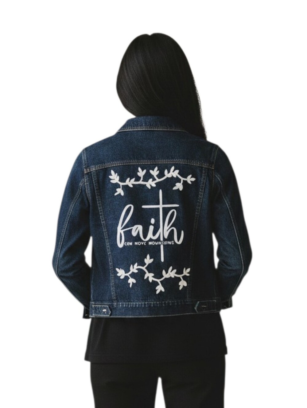 Faith Can Move Mountains Custom Floral Upcycled Denim Jacket W/Stud Details, L